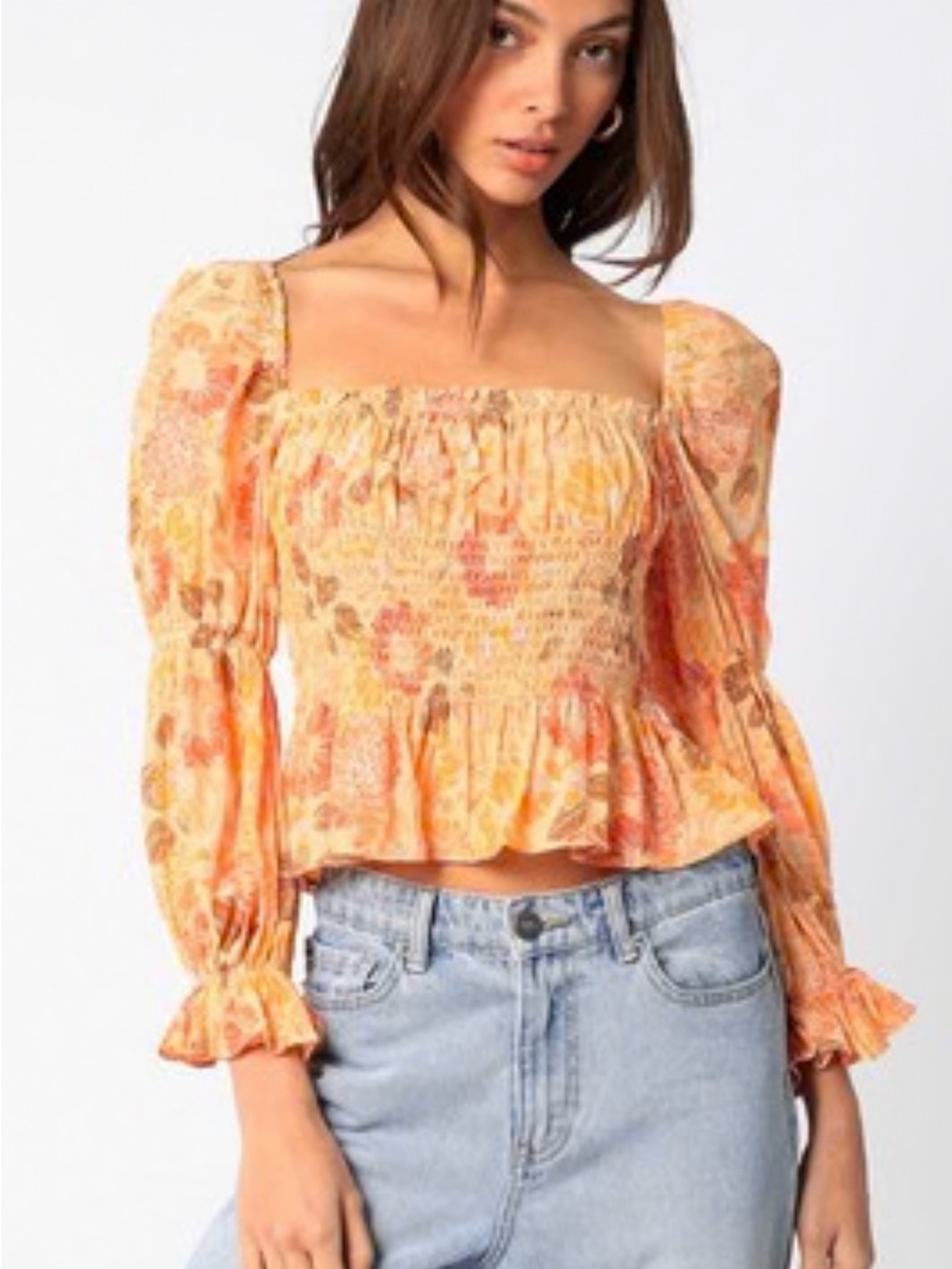 Olivaceous Peach Floral Smocked Square-Neck Peplum Top
